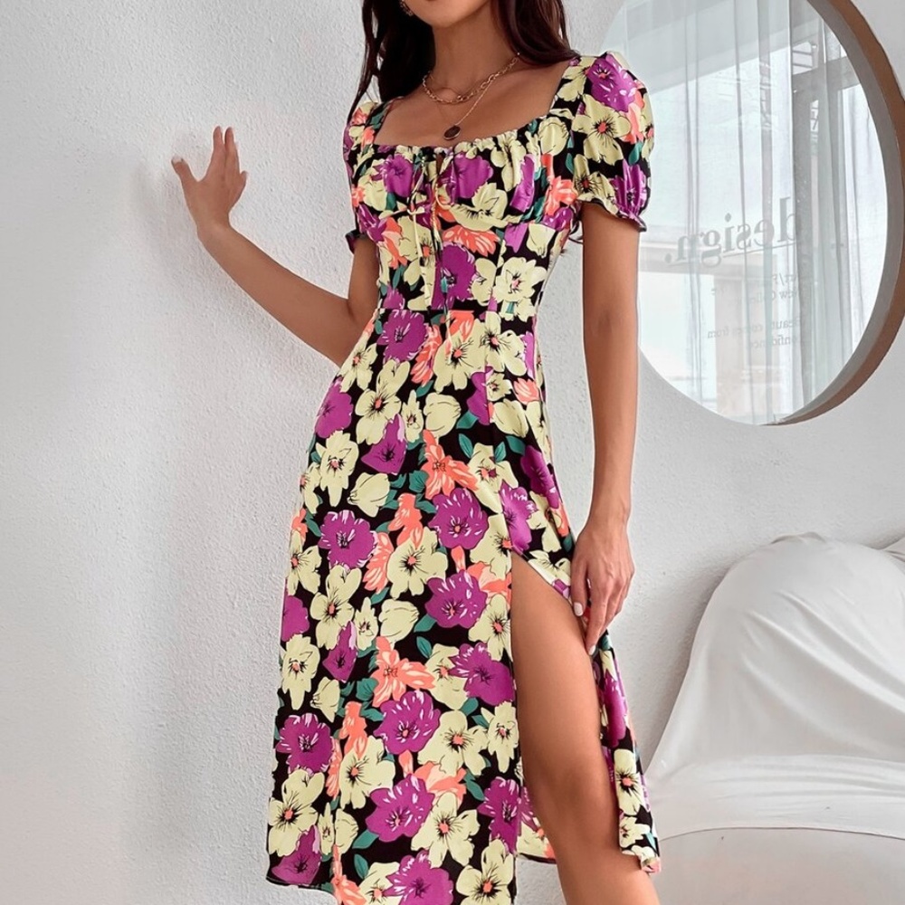 Bohemian Purple Floral Print Slit thigh Midi Dress - Picture 2 of 5